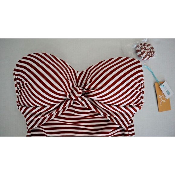 Kona Sol Sz S (4-6) Red/White Striped Twist Bandeau Med. Coverage 1-Pc Swimsuit - Picture 3 of 8